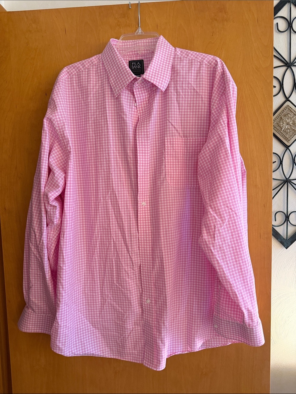 Jos. A. Bank traveler pink and white gingham button down shirt